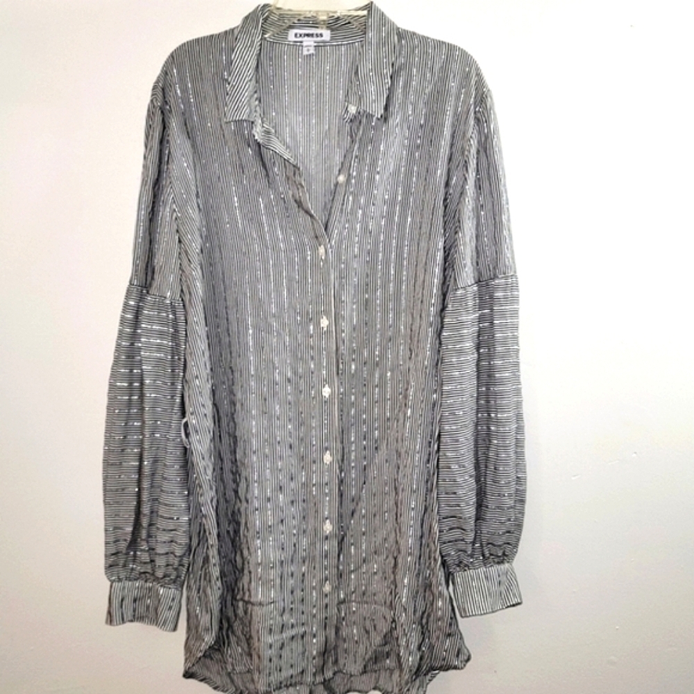 Express Black White Silver Stripe Button Down Shirt Dress Tunic Ballon Sleeve L